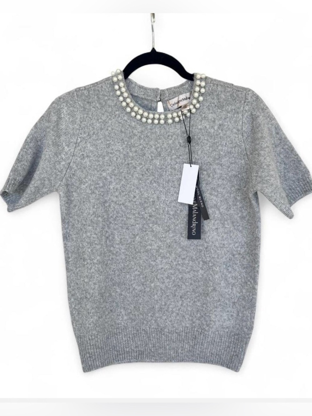 Catherine Malandrino Gray Wool Blend Top with Pearl-Embellished Collar